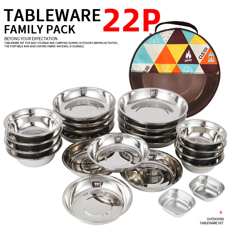 Camping Cooking And Dining Set - 22-Piece Portable Camping Dining Plate Set